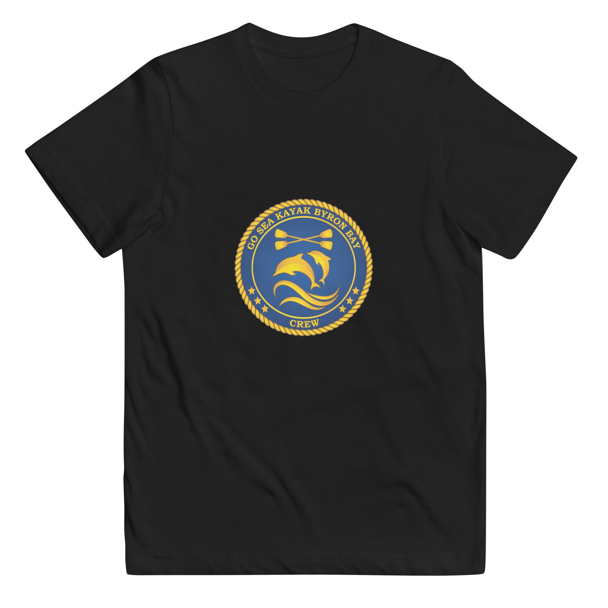  Kids T-Shirt - Black  - Front flat lay view - Go Sea Kayak Byron Bay Crew (issue 2018-2019) logo on front - Genuine Byron Bay Merchandise | Produced by Go Sea Kayak Byron Bay 