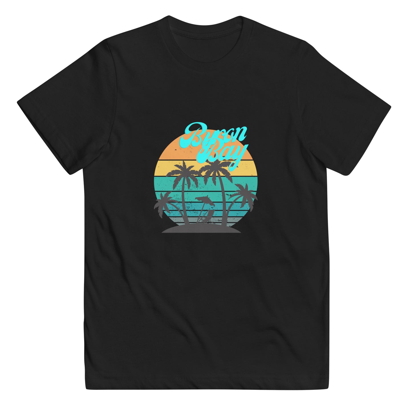  Kids T-Shirt - Black  - Front flat lay view - Byron Bay design on front - Genuine Byron Bay Merchandise | Produced by Go Sea Kayak Byron Bay 