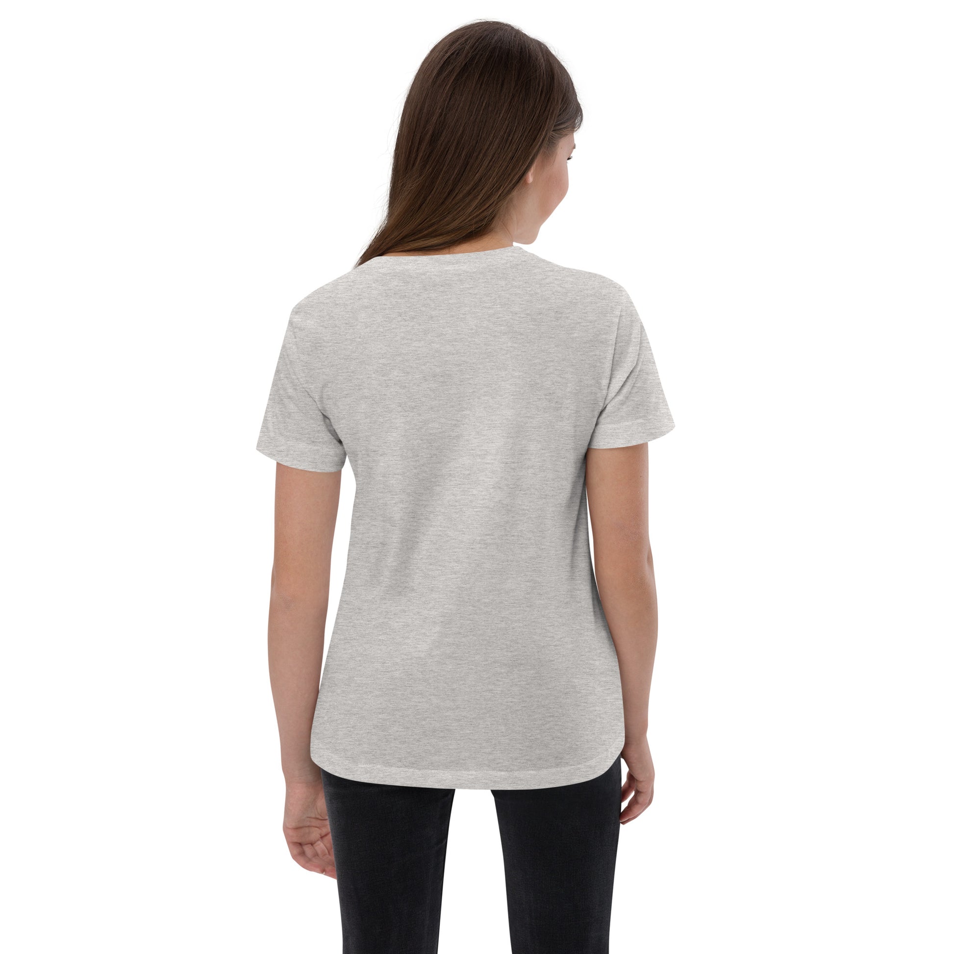  Kids T-Shirt - Natural / Heather colour - Back view, being warn on a girl standing with her arms by her side - Go Sea Kayak Byron Bay Crew (issue 2018-2019) logo on front - Genuine Byron Bay Merchandise | Produced by Go Sea Kayak Byron Bay 