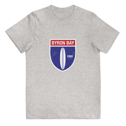  Kids T-Shirt - Natural / Heather colour - Front Flat Lay view - Byron Bay Vintage Surfboard 1959 design on front - Genuine Byron Bay Merchandise | Produced by Go Sea Kayak Byron Bay 