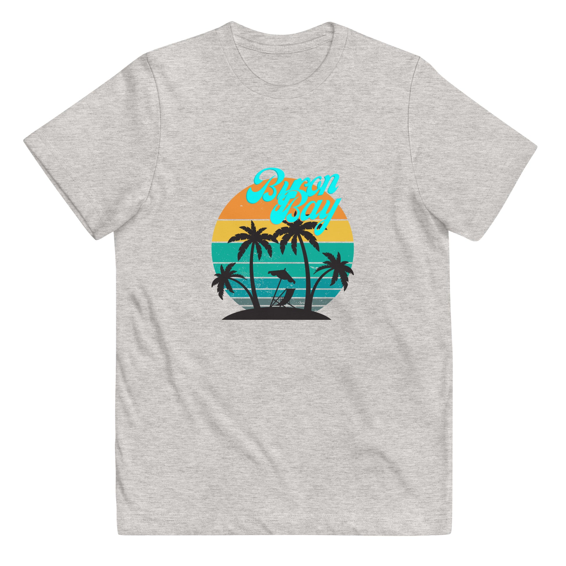  Kids T-Shirt - Natural / Heather colour - Front flat lay view - Byron Bay design on front - Genuine Byron Bay Merchandise | Produced by Go Sea Kayak Byron Bay 