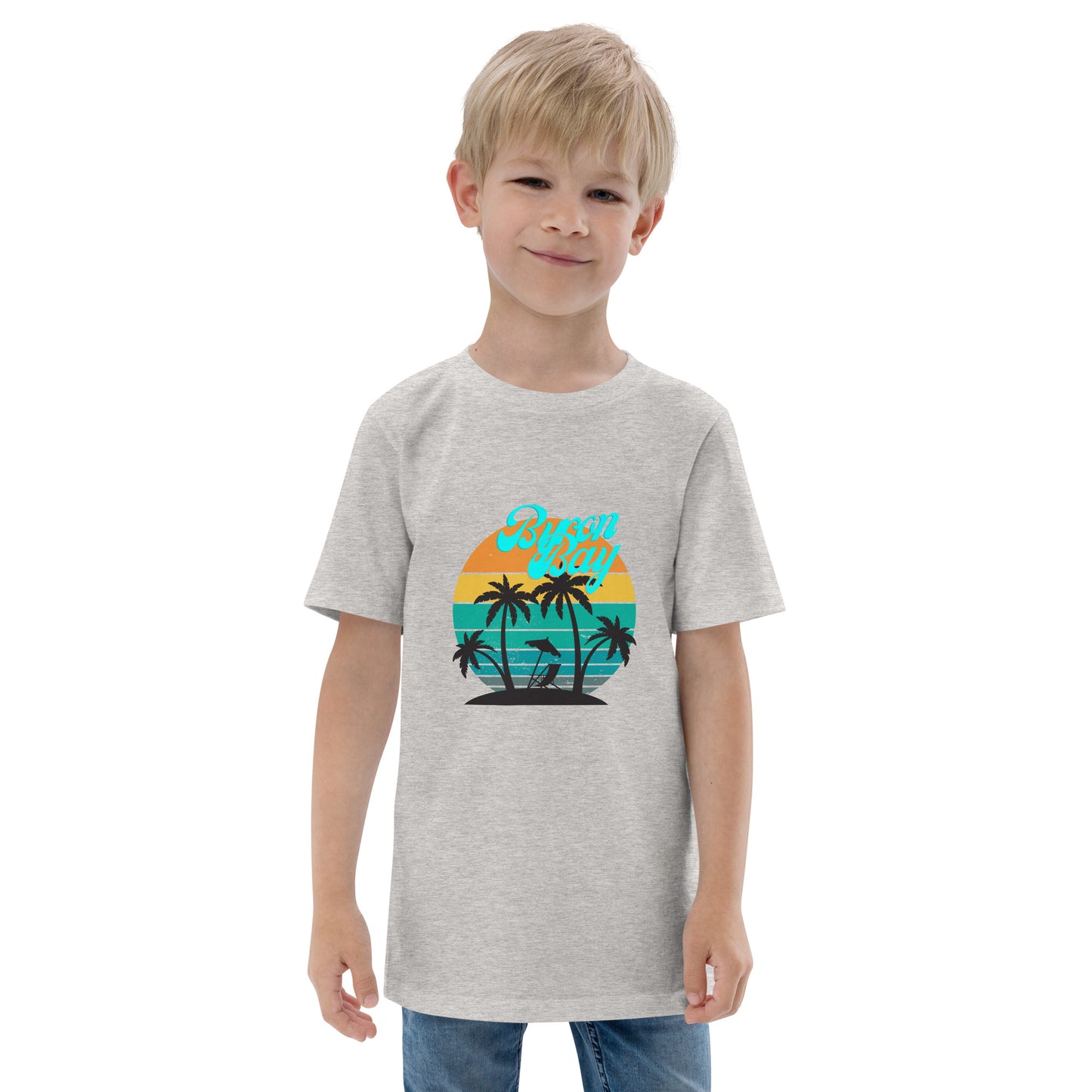  Kids T-Shirt - Natural / Heather colour - Front view, being warn on boy standing with his arms by his side - Byron Bay design on front - Genuine Byron Bay Merchandise | Produced by Go Sea Kayak Byron Bay 