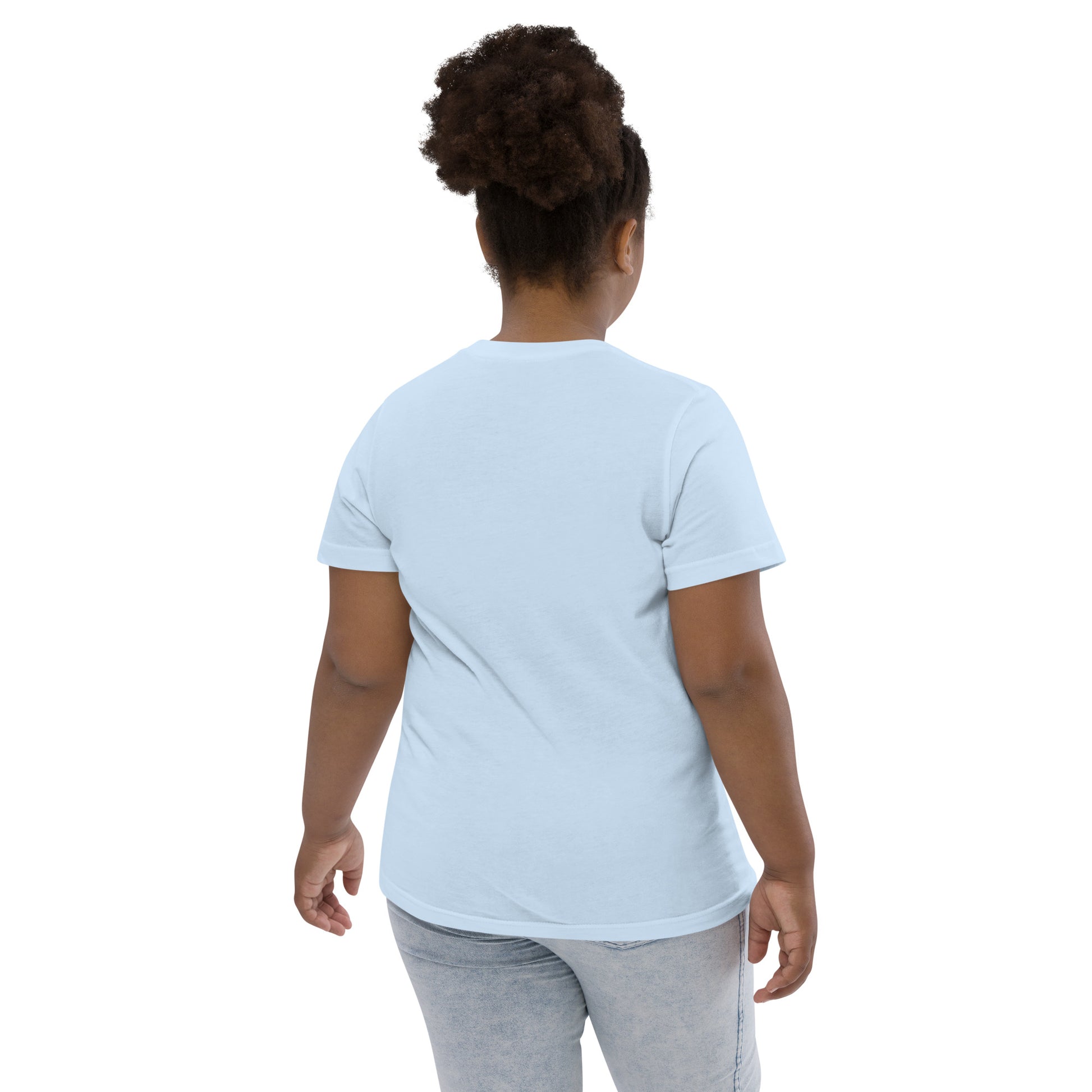  Kids T-Shirt - Light Blue - back view, being warn on a girl standing with her arms by her side - Go Sea Kayak Byron Bay Crew (issue 2018-2019) logo on front - Genuine Byron Bay Merchandise | Produced by Go Sea Kayak Byron Bay 
