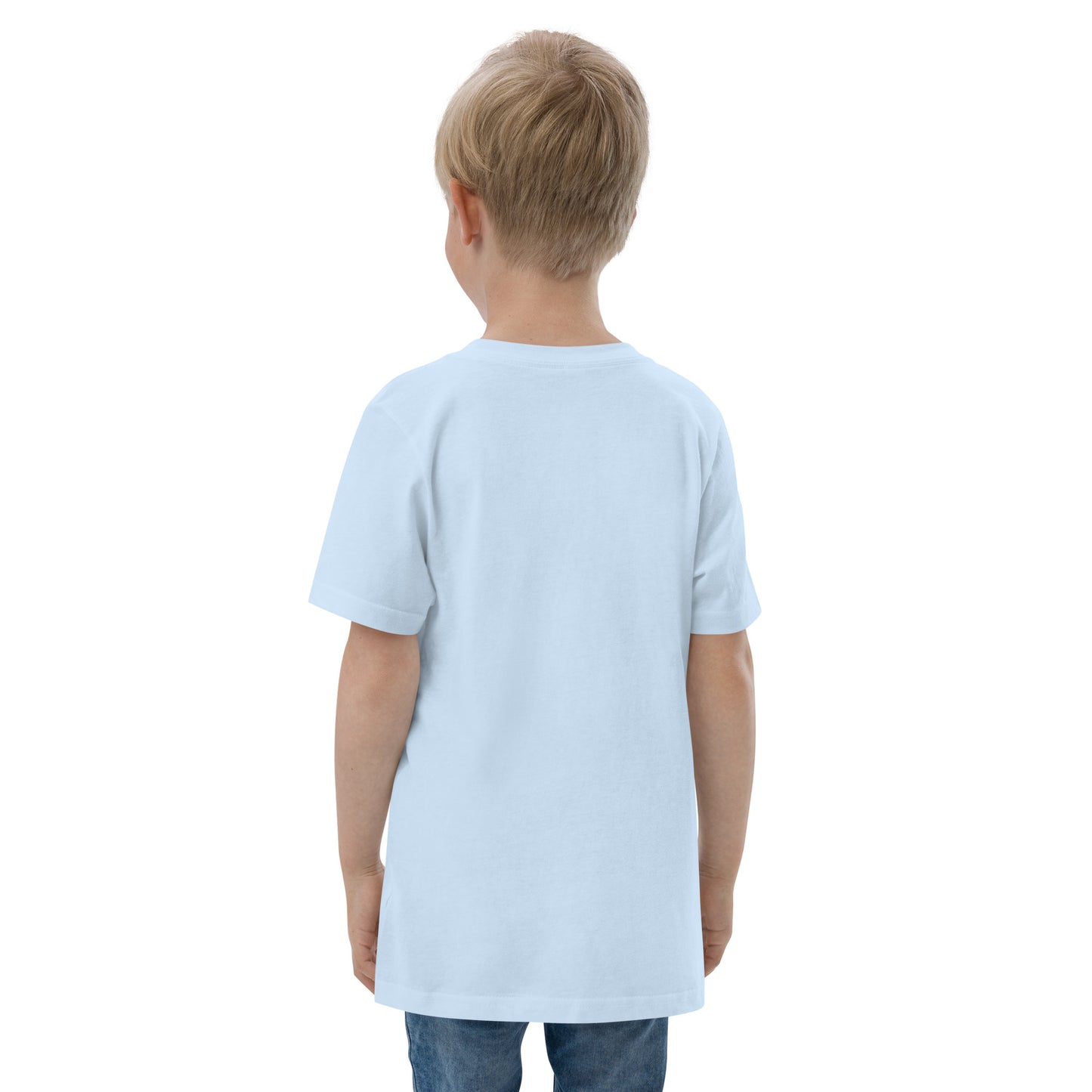 Kids T-Shirt - Light Blue - Back view, being warn on boy standing with his arms by his side - Go Sea Kayak Byron Bay logo on front - Genuine Byron Bay Merchandise | Produced by Go Sea Kayak Byron Bay 