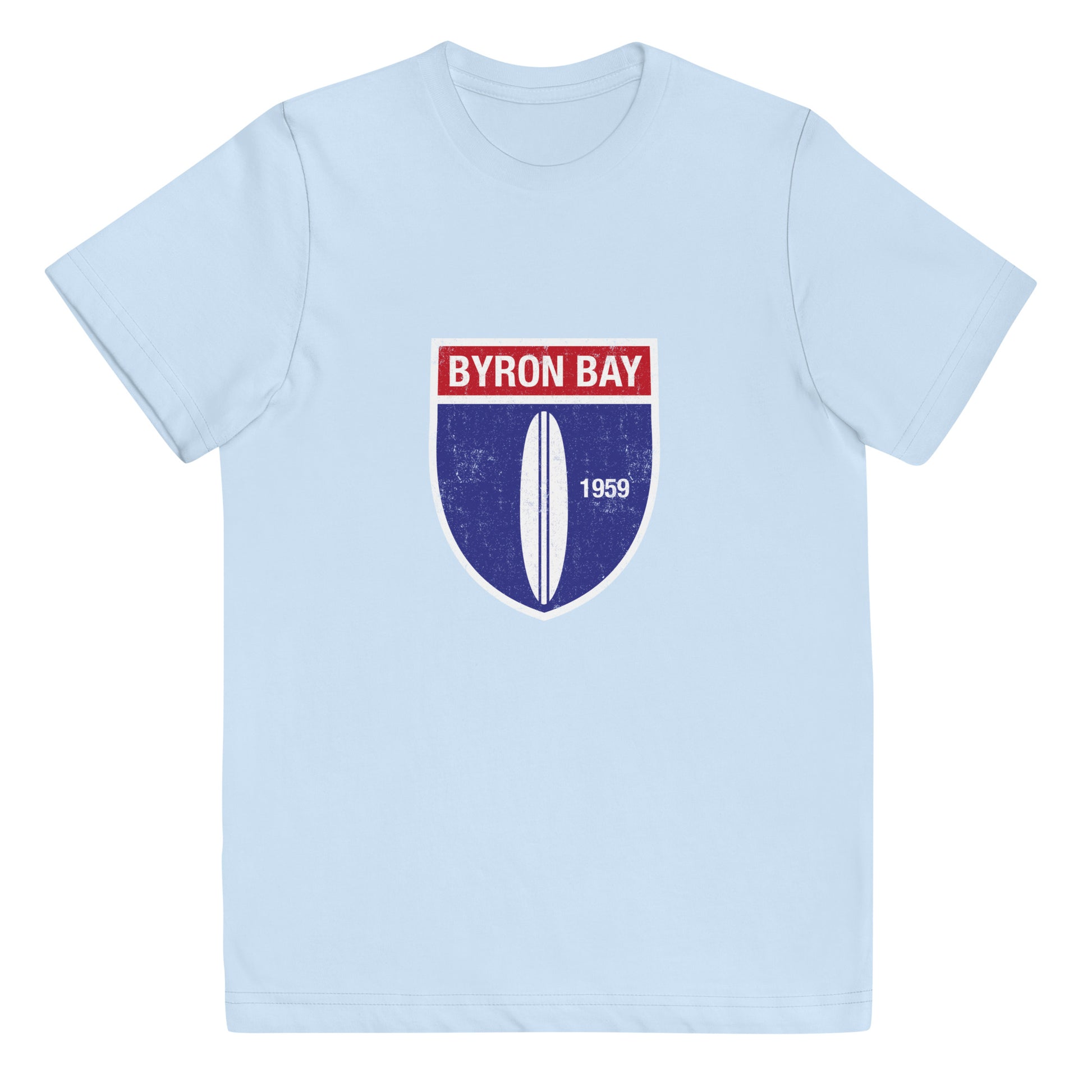  Kids T-Shirt - Light Blue colour - Front flat lay view - Byron Bay Vintage Surfboard 1959 design on front - Genuine Byron Bay Merchandise | Produced by Go Sea Kayak Byron Bay 