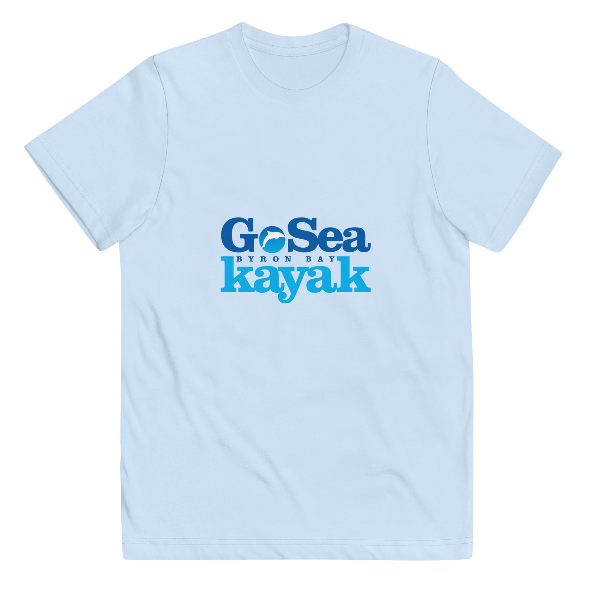  Kids T-Shirt - Light Blue - Front flat lay view - Go Sea Kayak Byron Bay logo on front - Genuine Byron Bay Merchandise | Produced by Go Sea Kayak Byron Bay 