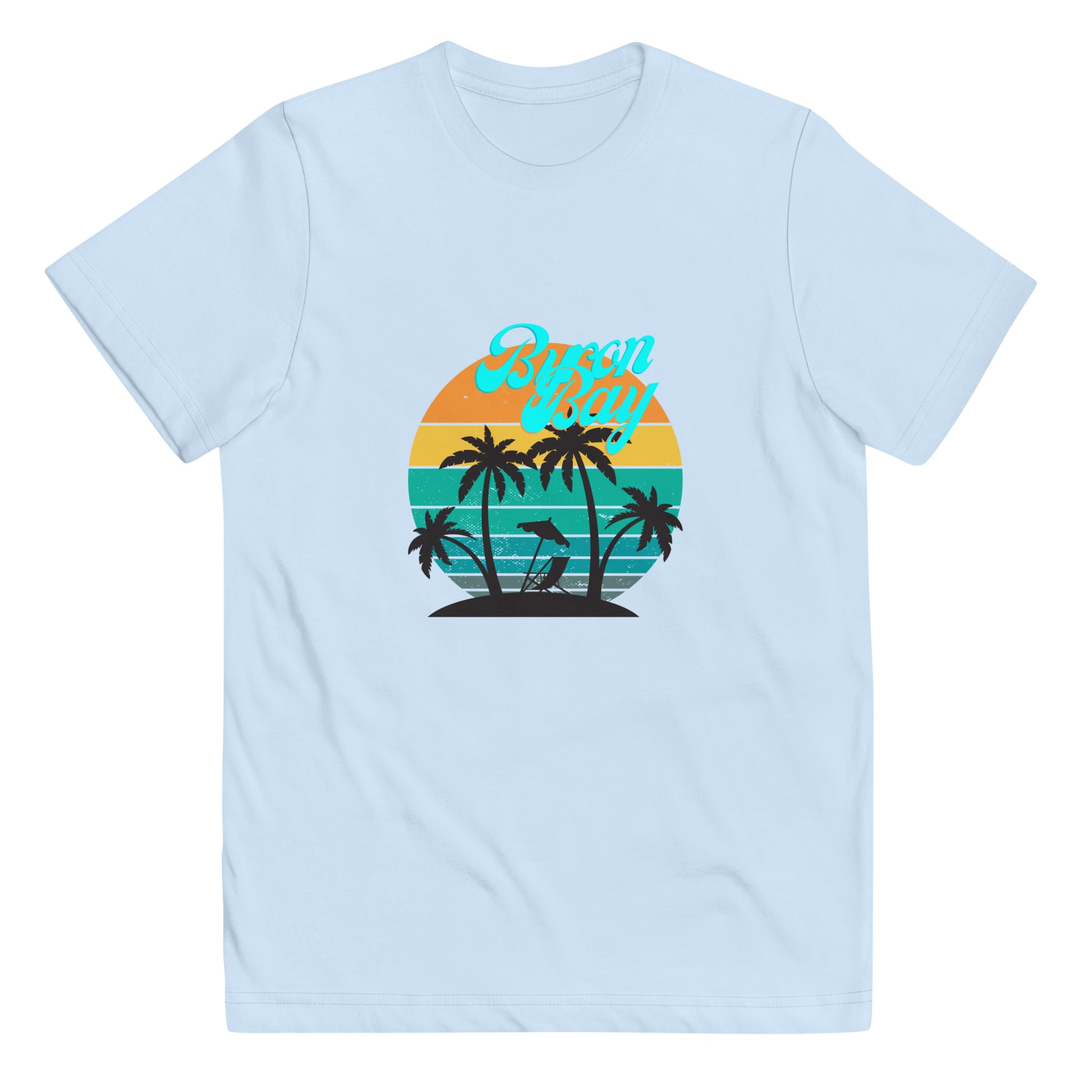  Kids T-Shirt - Light Blue - Front flat lay view - Byron Bay design on front - Genuine Byron Bay Merchandise | Produced by Go Sea Kayak Byron Bay 